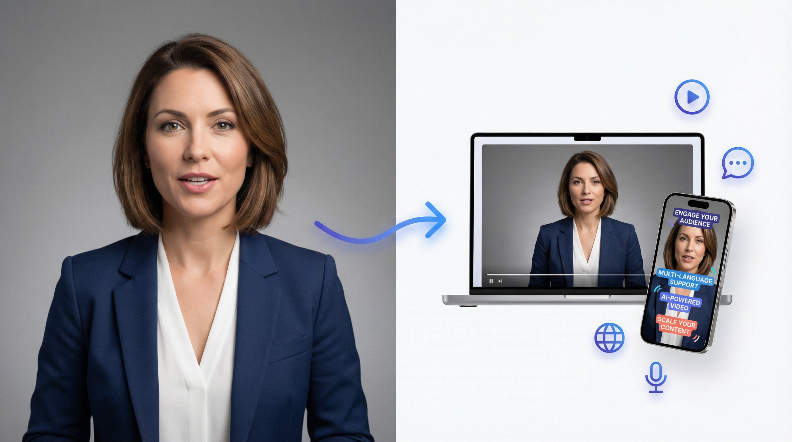 AI talking head video example: a presenter photo turned into a talking video on a laptop and a captioned vertical video on a phone