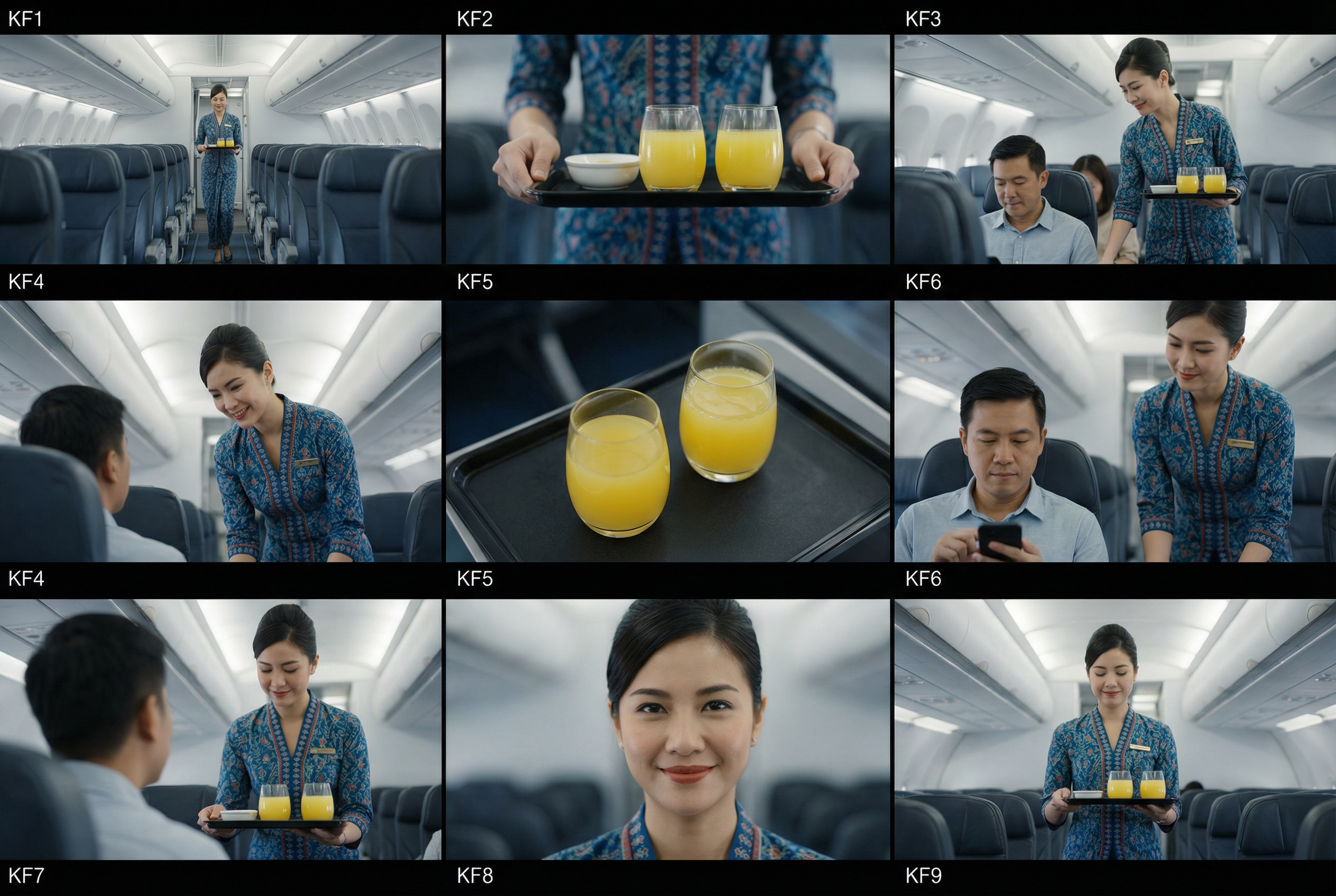 Nine-keyframe AI storyboard of a flight attendant walking down an airplane aisle and serving orange juice to a passenger