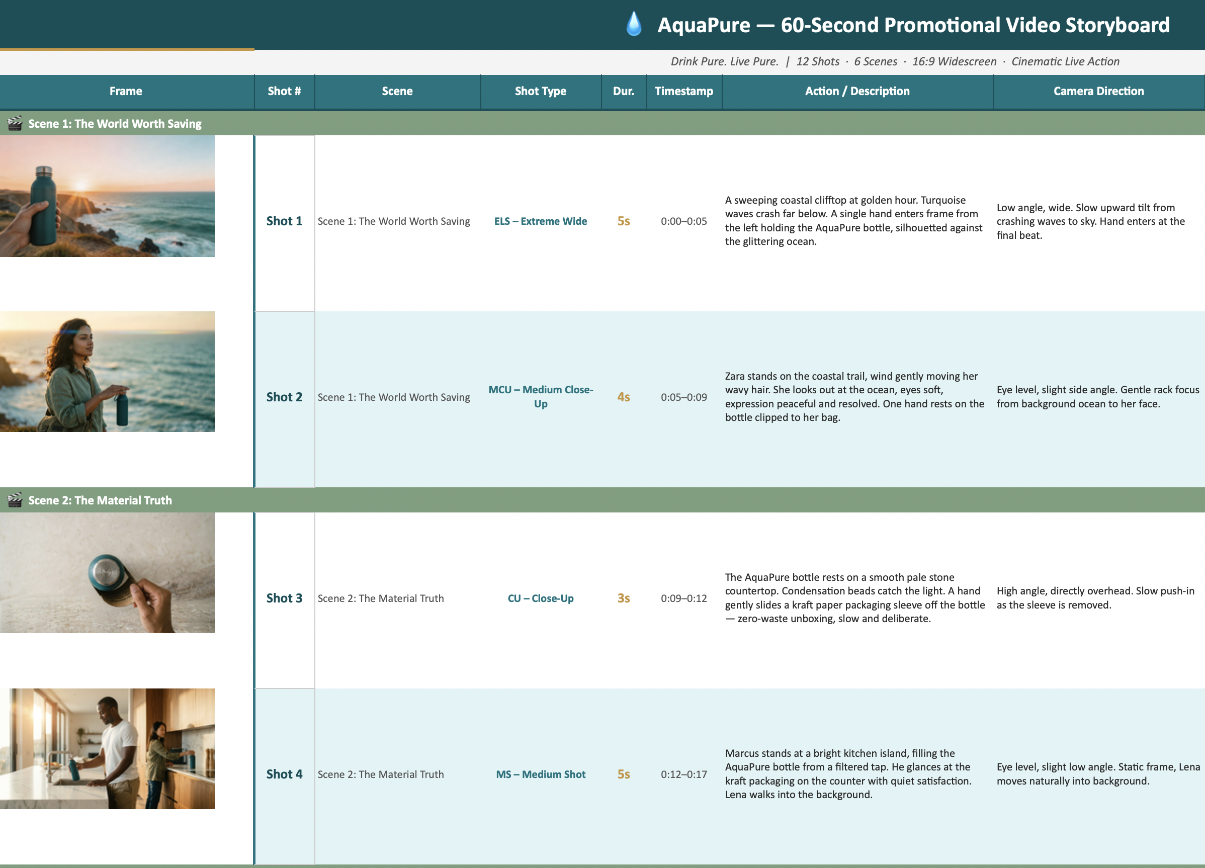 AquaPure storyboard exported to Excel with a frame image, shot number, scene, shot type, duration, timestamp, action and camera direction for each shot