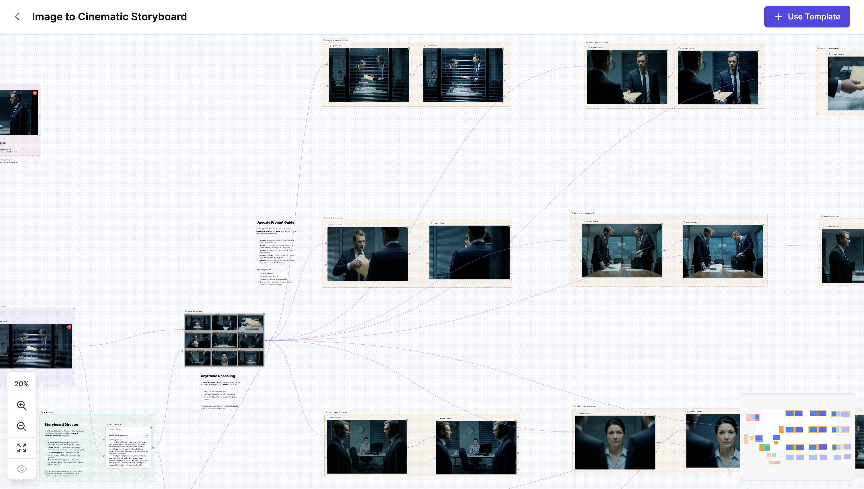Image to Cinematic Storyboard workflow template on the Easy-Peasy.AI Workflows canvas, with the keyframe contact sheet branching into upscaled scenes and a Use Template button